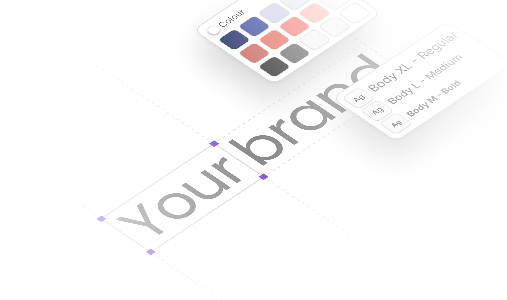 Mockup with 'Your brand' text, color swatches, and font options showing customizable brand-focused UI.