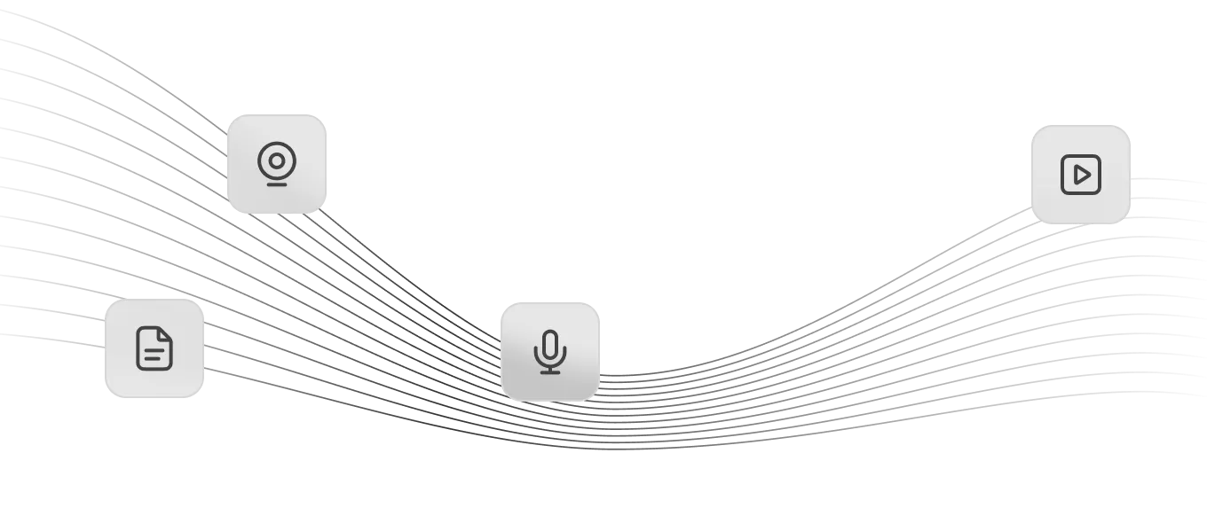 Wave-like pipeline graphic connecting icons for documents, camera, microphone, and video, illustrating reactive pipelines for stream processing.