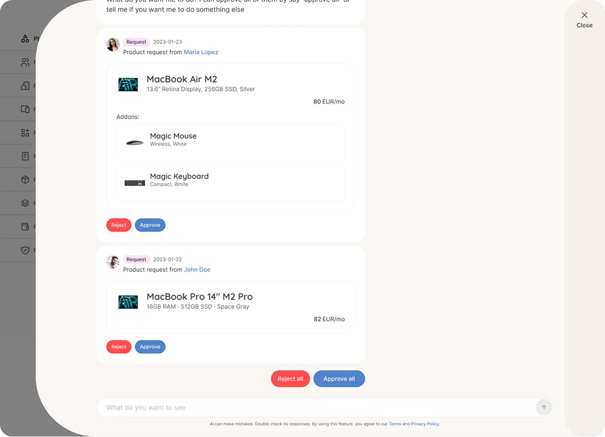 AI agent interface making product suggestions.