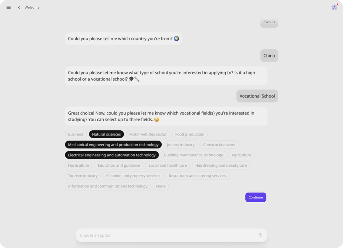 AI agent interface collecting information with multiple-choice form.