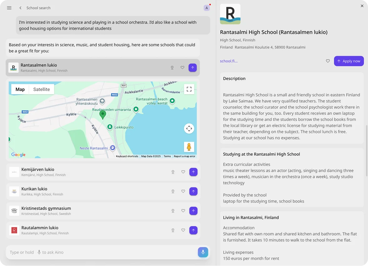 AI agent interface with map helping users build school lists.