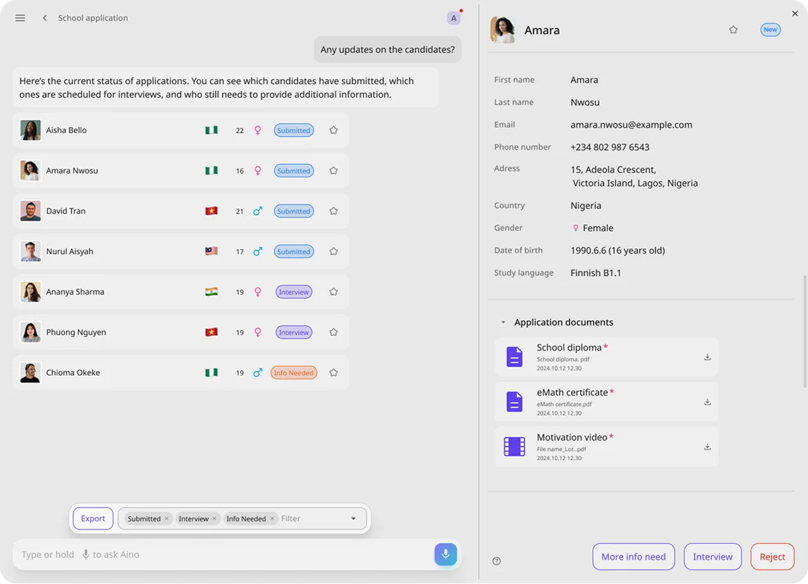 AI agent interface showing applicant list with avatars, flags, names, and performance tags.