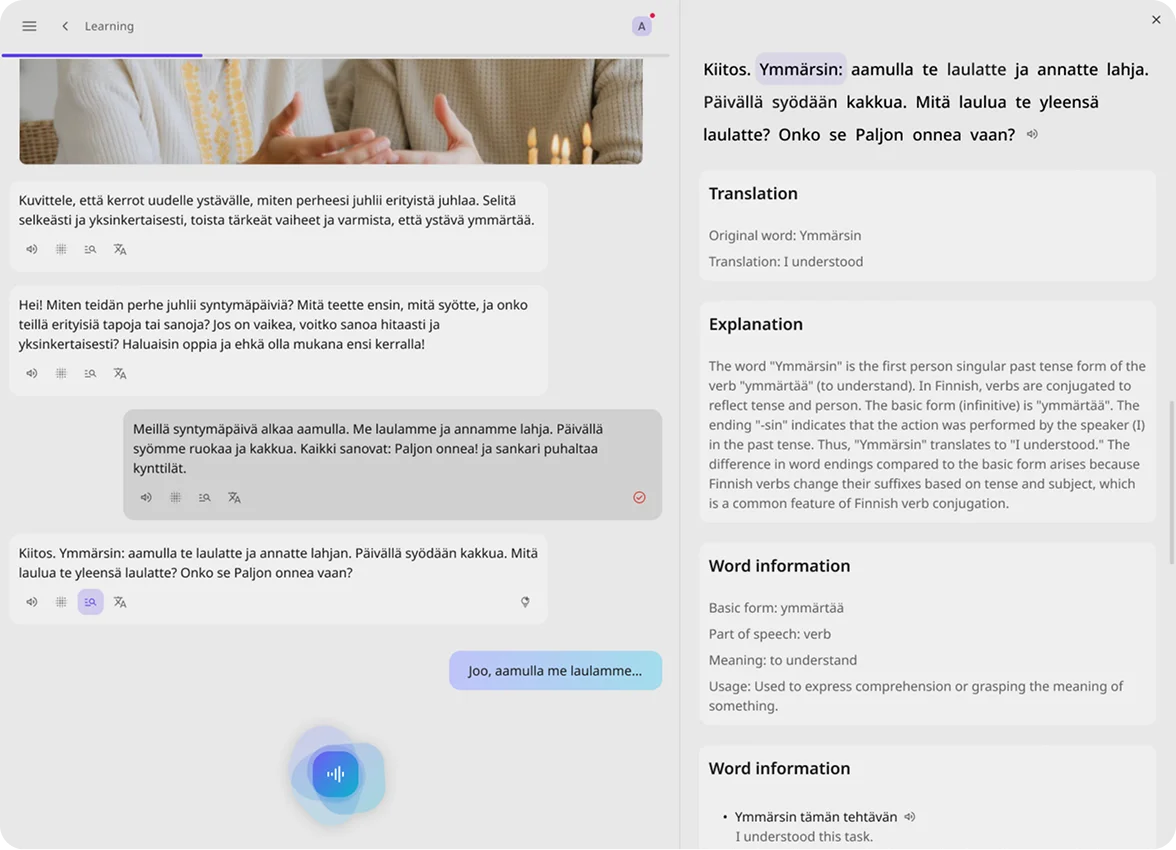 Language-learning AI interface with chat on left and translation plus explanations on right.