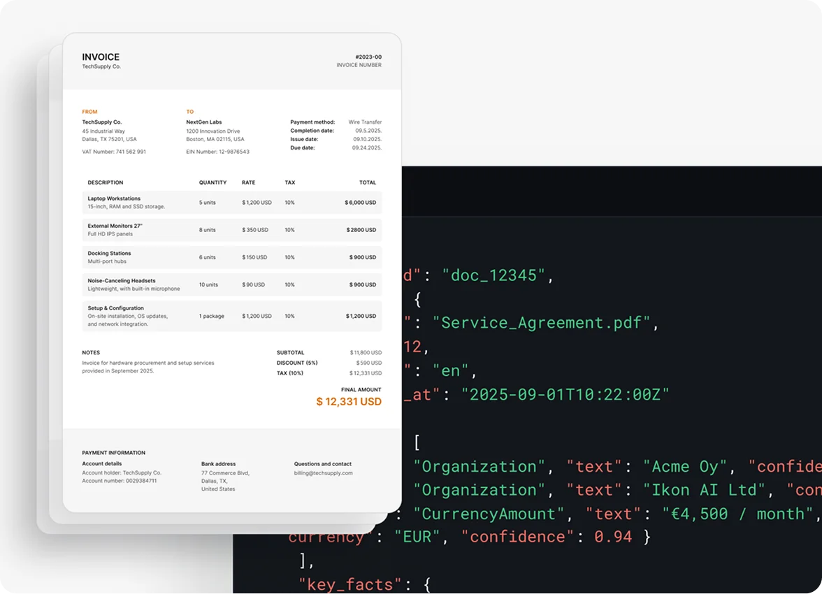AI agent workflow interface with raw data table in background and extracted PDFs in front.